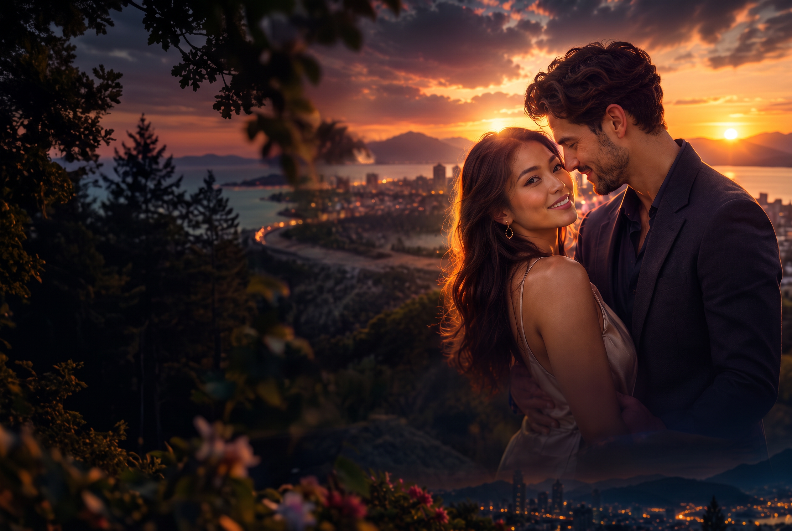 A couple sharing a golden-hour moment above the city